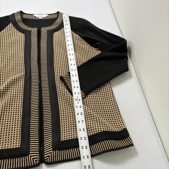 Exclusively Misook Cardigan Women Size M Black Tan Geometric Colorblock Hook Eye - Picture 10 of 11